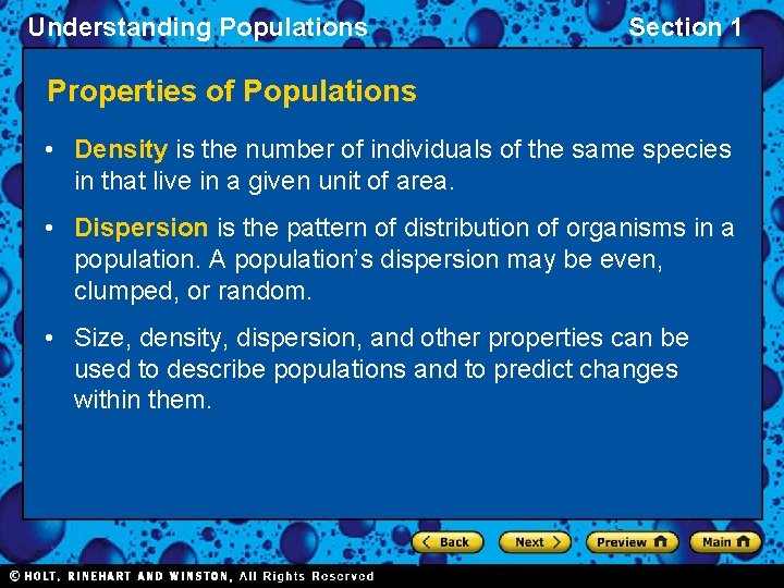 Understanding Populations Section 1 Properties of Populations • Density is the number of individuals