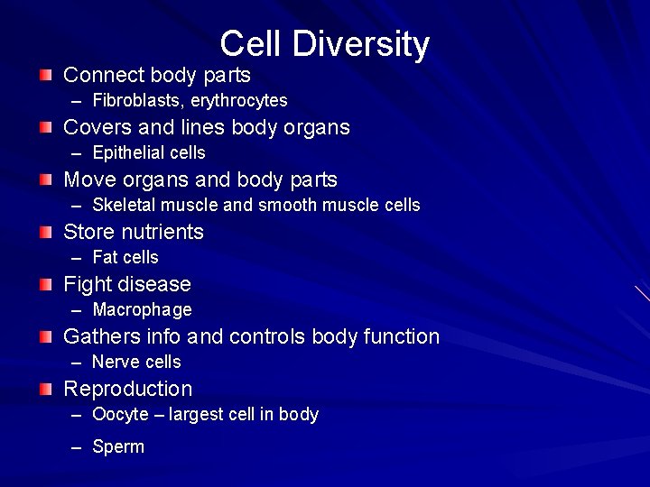 Cell Diversity Connect body parts – Fibroblasts, erythrocytes Covers and lines body organs – Cell Diversity Connect body parts – Fibroblasts, erythrocytes Covers and lines body organs –