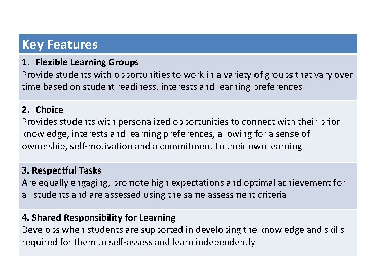 Key Features 1. Flexible Learning Groups Provide students with opportunities to work in a