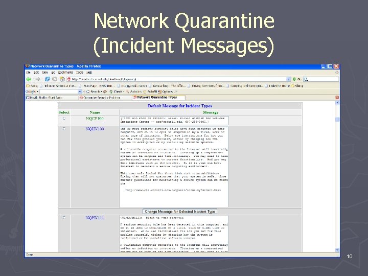 Network Quarantine (Incident Messages) 10 