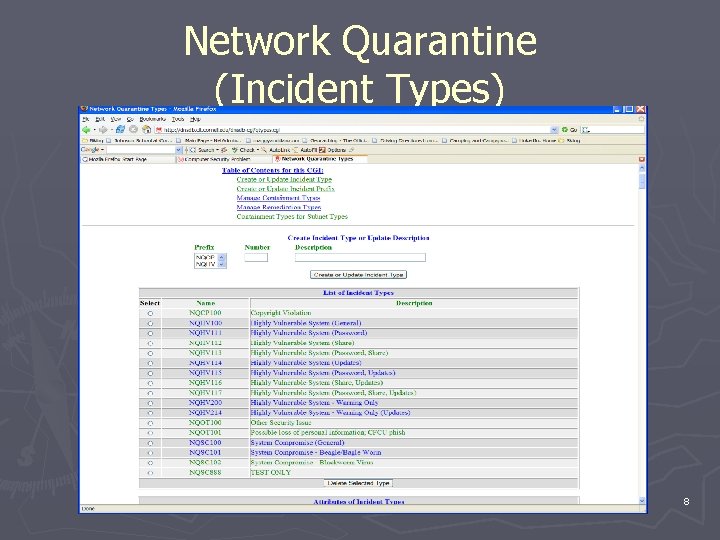 Network Quarantine (Incident Types) 8 