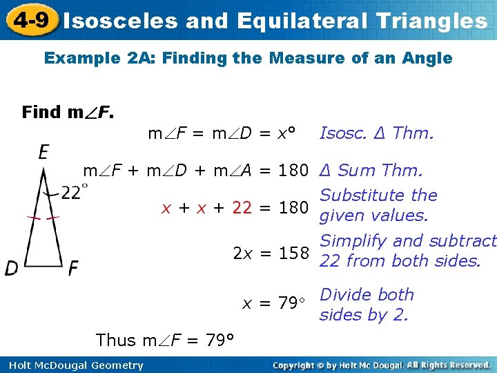 4 -9 Isosceles and Equilateral Triangles Example 2 A: Finding the Measure of an