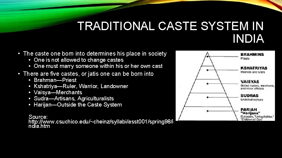 TRADITIONAL CASTE SYSTEM IN INDIA • The caste one born into determines his place