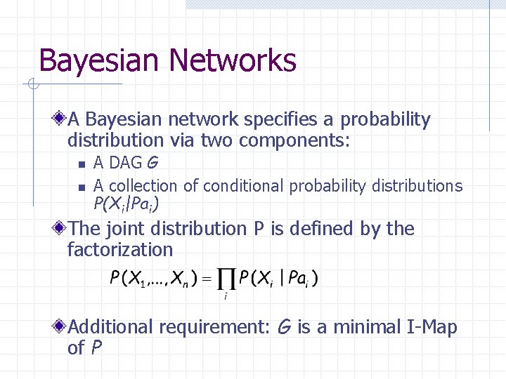 Bayesian Networks A Bayesian network specifies a probability distribution via two components: n n