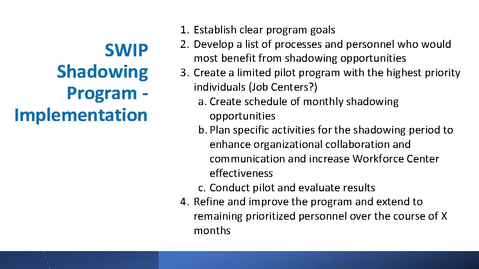 SWIP Shadowing Program Implementation 1. Establish clear program goals 2. Develop a list of