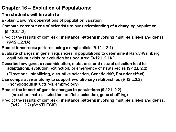 Chapter 16 – Evolution of Populations: The students will be able to: Explain Darwin’s