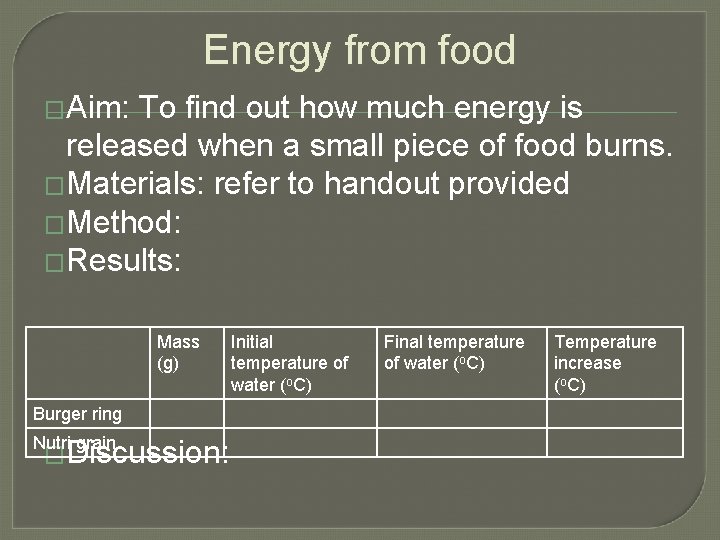 Energy from food �Aim: To find out how much energy is released when a