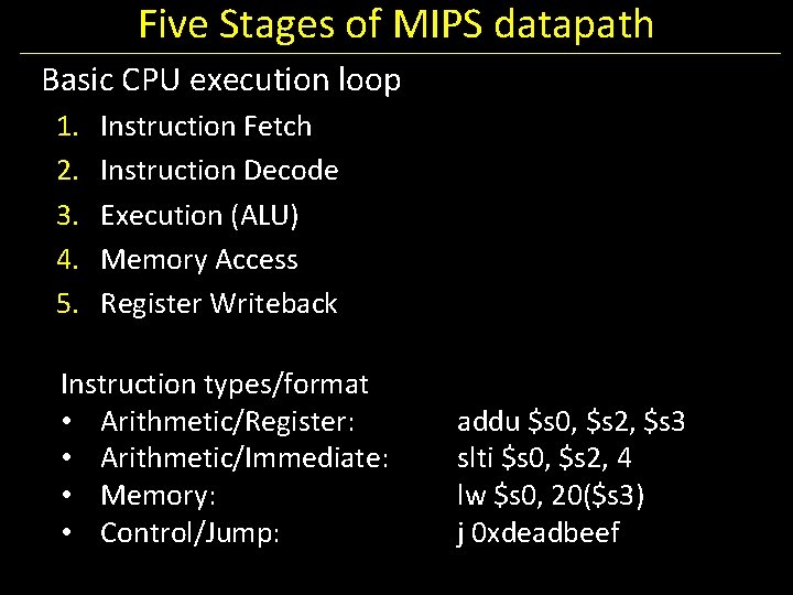 Five Stages of MIPS datapath Basic CPU execution loop 1. 2. 3. 4. 5.