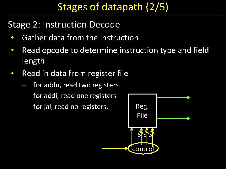 Stages of datapath (2/5) Stage 2: Instruction Decode • Gather data from the instruction