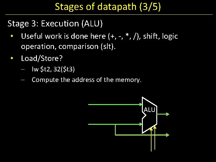Stages of datapath (3/5) Stage 3: Execution (ALU) • Useful work is done here