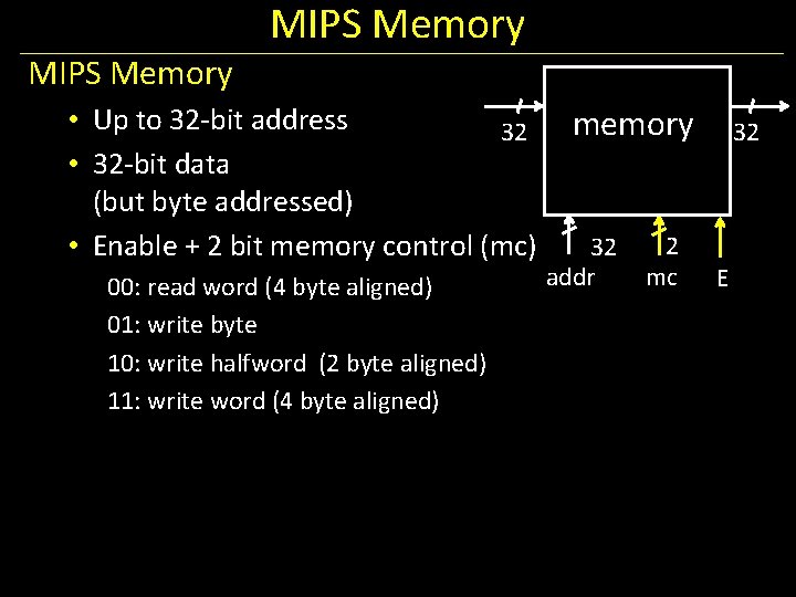 MIPS Memory • Up to 32 -bit address 32 • 32 -bit data (but