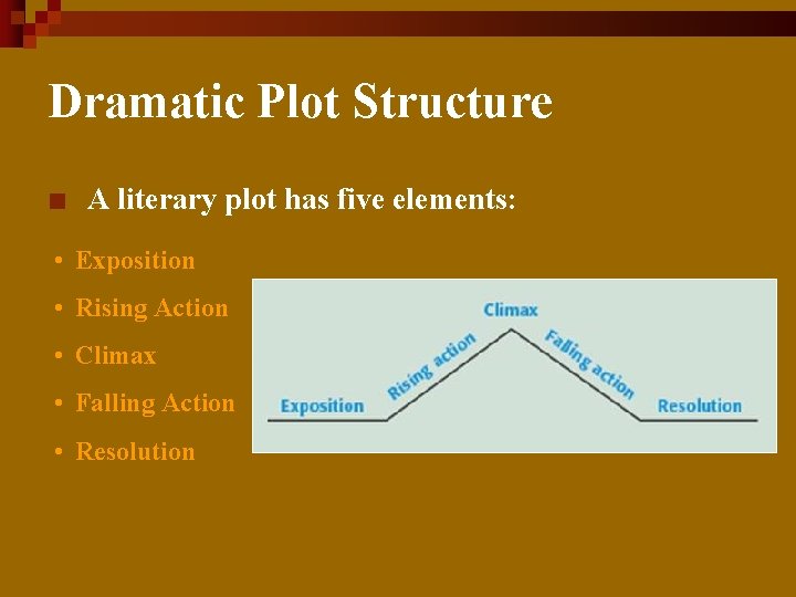 Dramatic Plot Structure n A literary plot has five elements: • Exposition • Rising