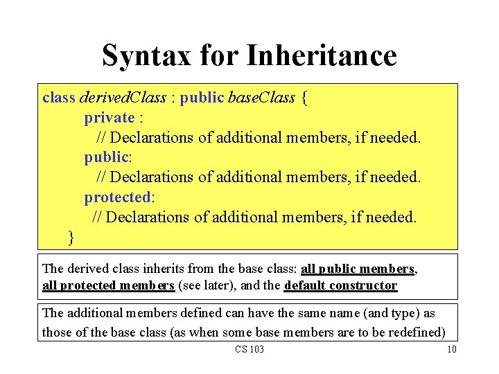Syntax for Inheritance class derived. Class : public base. Class { private : //