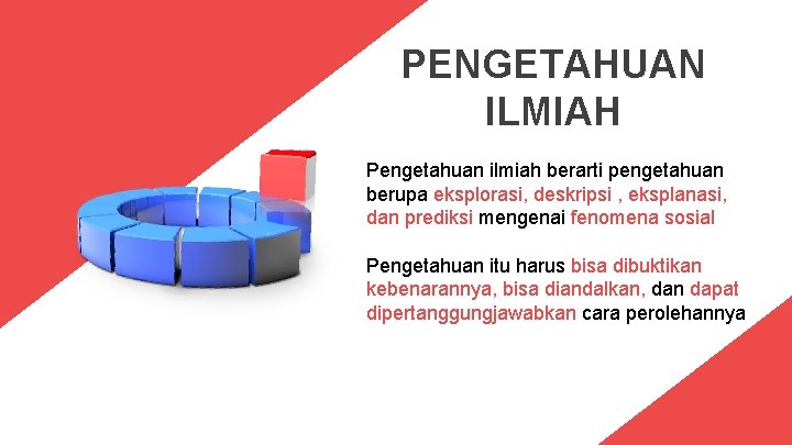 PENGETAHUAN ILMIAH Pengetahuan ilmiah berarti pengetahuan berupa eksplorasi, deskripsi , eksplanasi, dan prediksi mengenai