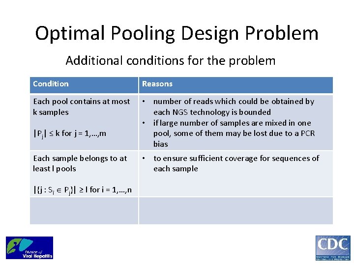 Optimal Pooling Design Problem Additional conditions for the problem Condition Reasons Each pool contains