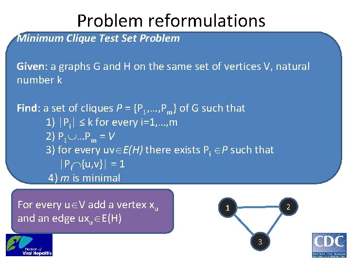 Problem reformulations Minimum Clique Test Set Problem Given: a graphs G and H on