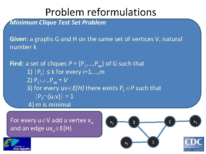 Problem reformulations Minimum Clique Test Set Problem Given: a graphs G and H on
