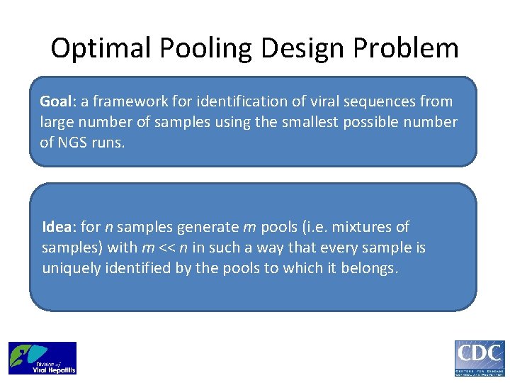 Optimal Pooling Design Problem Goal: a framework for identification of viral sequences from large