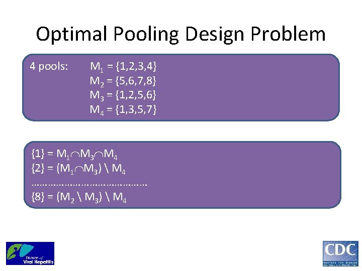 Optimal Pooling Design Problem 4 pools: M 1 = {1, 2, 3, 4} M