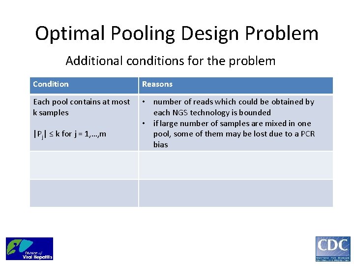 Optimal Pooling Design Problem Additional conditions for the problem Condition Reasons Each pool contains