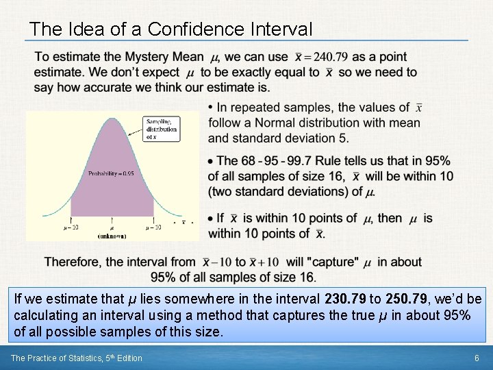 The Idea of a Confidence Interval If we estimate that µ lies somewhere in