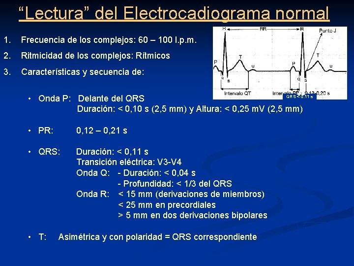 “Lectura” del Electrocadiograma normal 1. Frecuencia de los complejos: 60 – 100 l. p.