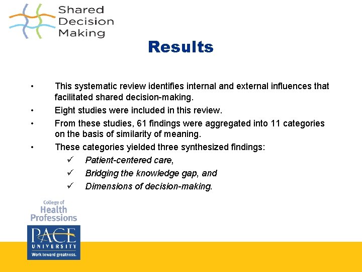 Results • • This systematic review identifies internal and external influences that facilitated shared Results • • This systematic review identifies internal and external influences that facilitated shared