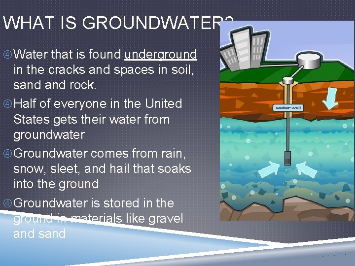 WHAT IS GROUNDWATER? Water that is found underground in the cracks and spaces in