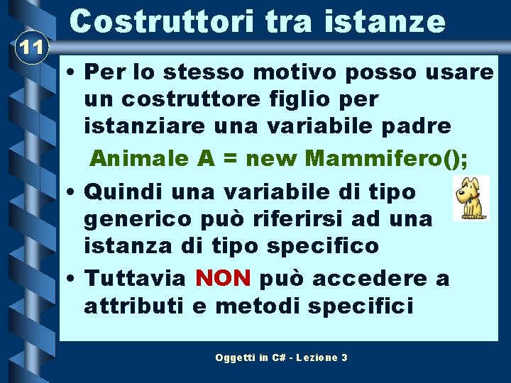 11 Costruttori tra istanze • Per lo stesso motivo posso usare un costruttore figlio