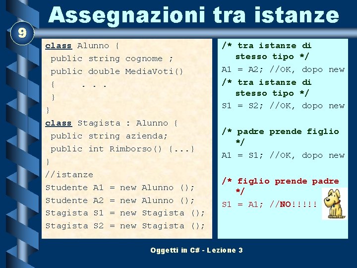 9 Assegnazioni tra istanze class Alunno { public string cognome ; public double Media.