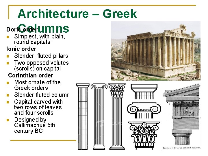 Architecture – Greek Doric order Columns Simplest, with plain, n round capitals Ionic order