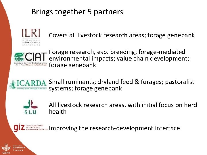 Brings together 5 partners Covers all livestock research areas; forage genebank Forage research, esp.