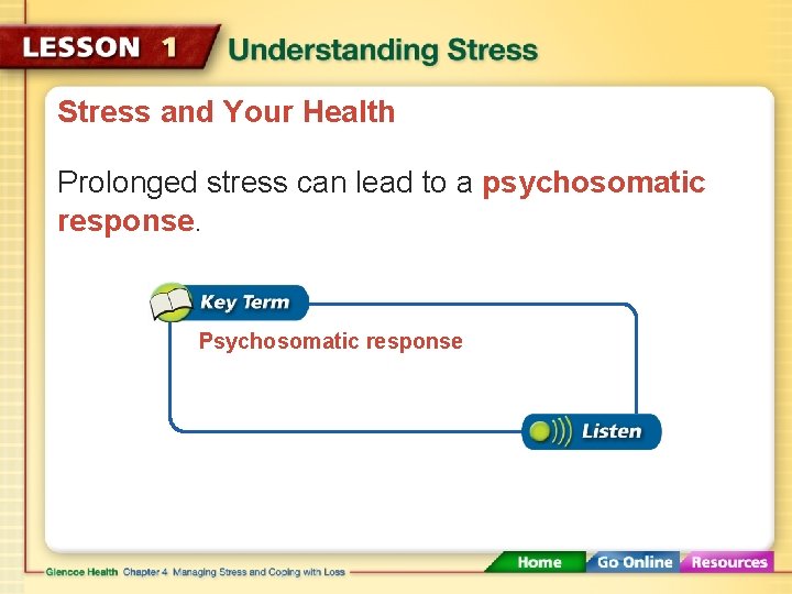 Stress and Your Health Prolonged stress can lead to a psychosomatic response. Psychosomatic response