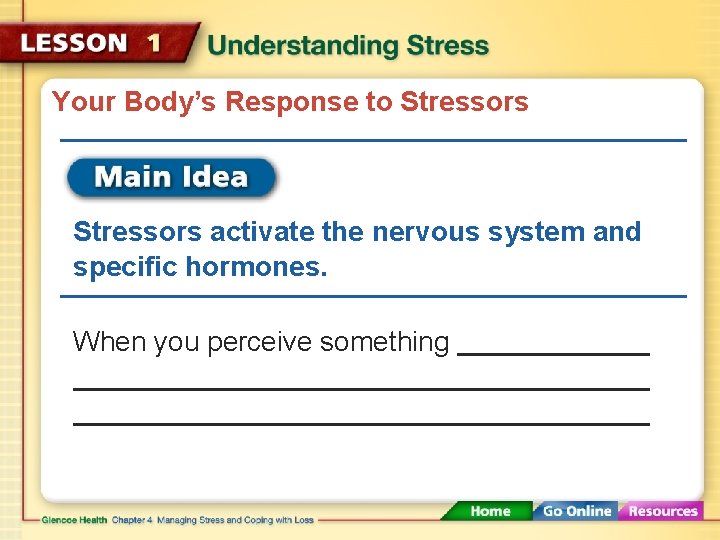 Your Body’s Response to Stressors activate the nervous system and specific hormones. When you