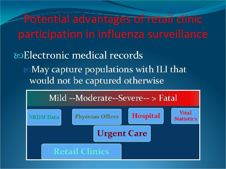 Potential advantages of retail clinic participation in influenza surveillance Electronic medical records May capture