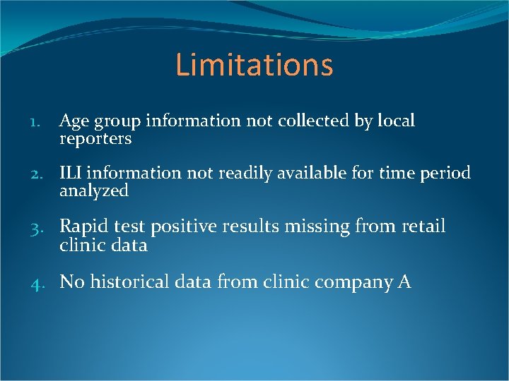 Limitations 1. Age group information not collected by local reporters 2. ILI information not