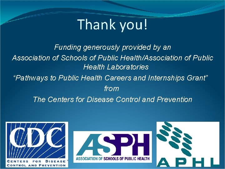 Thank you! Funding generously provided by an Association of Schools of Public Health/Association of