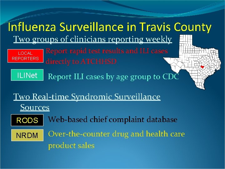 Influenza Surveillance in Travis County Two groups of clinicians reporting weekly LOCAL REPORTERS ILINet