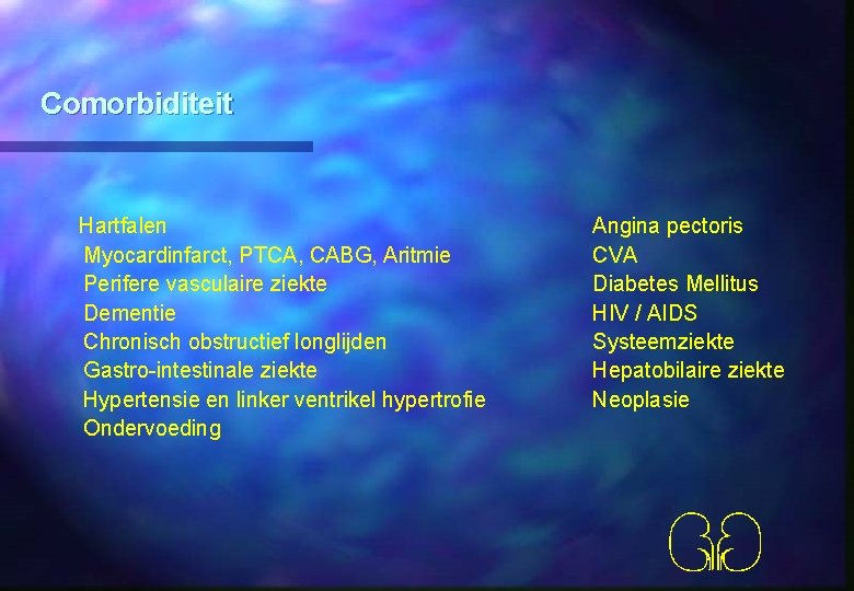 Comorbiditeit Hartfalen Myocardinfarct, PTCA, CABG, Aritmie Perifere vasculaire ziekte Dementie Chronisch obstructief longlijden Gastro-intestinale