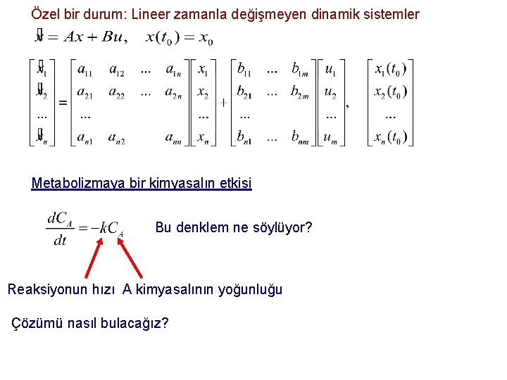 Özel bir durum: Lineer zamanla değişmeyen dinamik sistemler Metabolizmaya bir kimyasalın etkisi Bu denklem