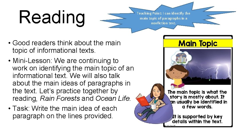 Reading • Good readers think about the main topic of informational texts. • Mini-Lesson: