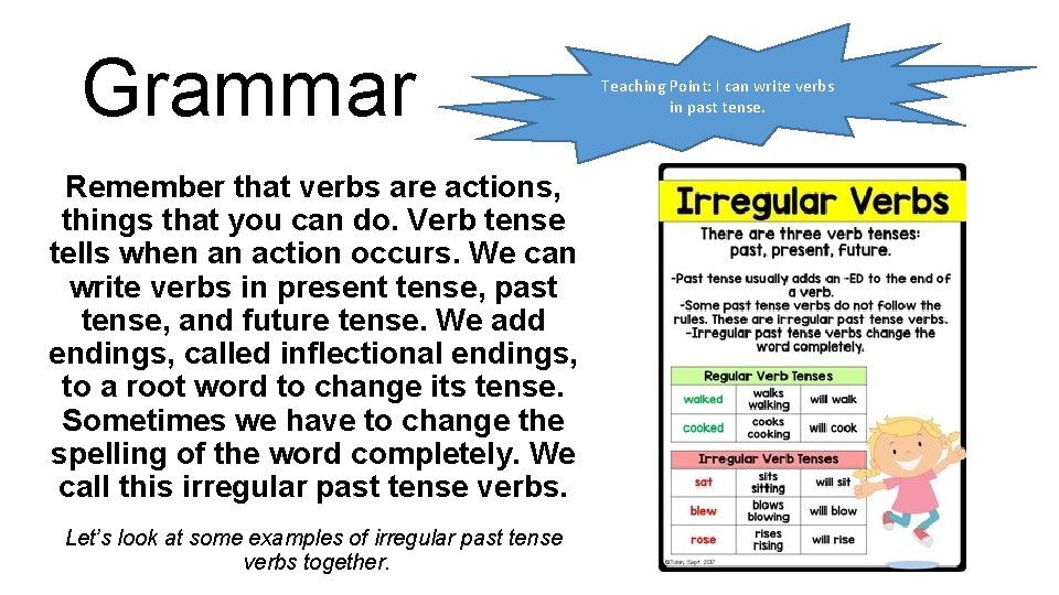 Grammar Remember that verbs are actions, things that you can do. Verb tense tells