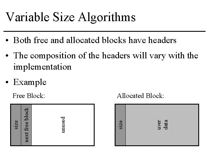 Variable Size Algorithms • Both free and allocated blocks have headers • The composition