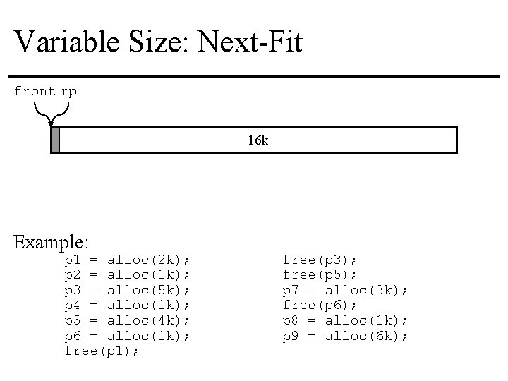 Variable Size: Next-Fit front rp 16 k Example: p 1 = alloc(2 k); p