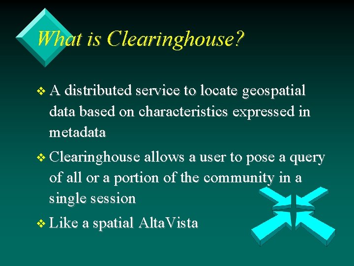 What is Clearinghouse? v A distributed service to locate geospatial data based on characteristics