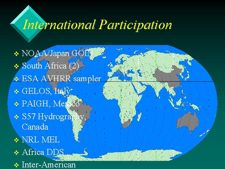 International Participation NOAA/Japan GOIN v South Africa (2) v ESA AVHRR sampler v GELOS,