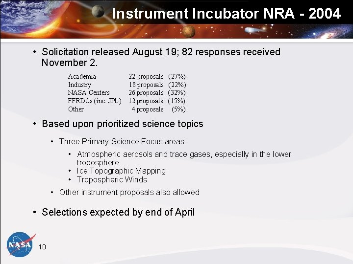Instrument Incubator NRA - 2004 • Solicitation released August 19; 82 responses received November