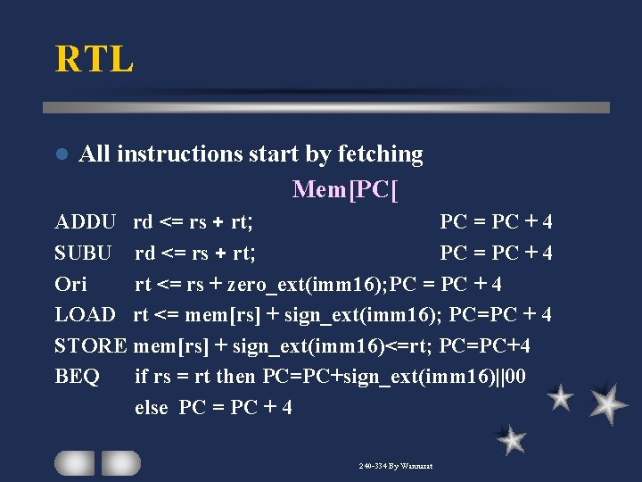 RTL l All instructions start by fetching Mem[PC[ ADDU rd <= rs + rt;