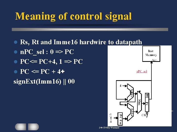 Meaning of control signal Rs, Rt and Imme 16 hardwire to datapath l n.
