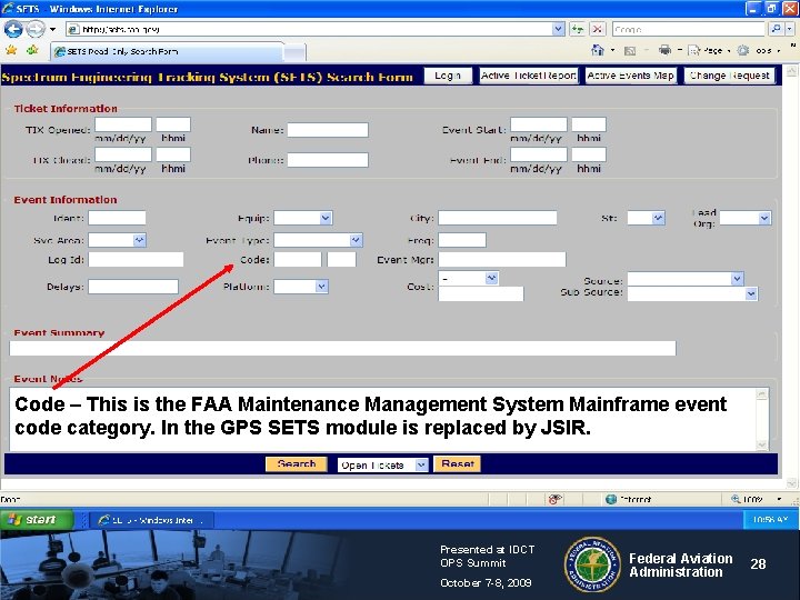 Code – This is the FAA Maintenance Management System Mainframe event code category. In